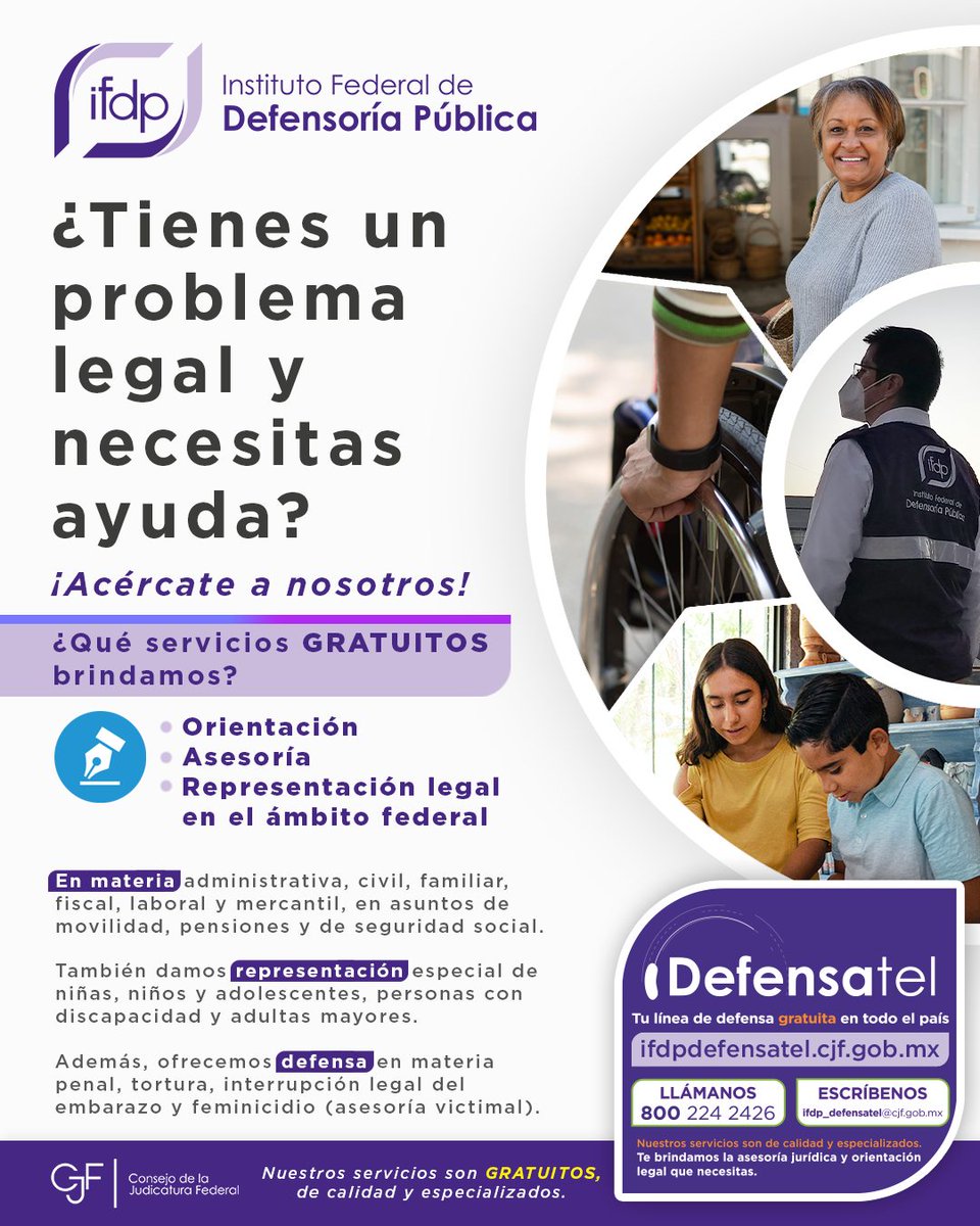 defensoriaifdp's tweet photo. En la #DefensoríaPública brindamos servicios gratuitos, de calidad y especializados, ¡acércate a nosotros!
Entra a: https://t.co/4xSiyePwMY
📲Llama a #Defensatel 800 224 2426
📩Escribe a ifdp_defensatel@cjf.gob.mx
#IFDPContigo #SomosPJF https://t.co/9NDYZnkjFa