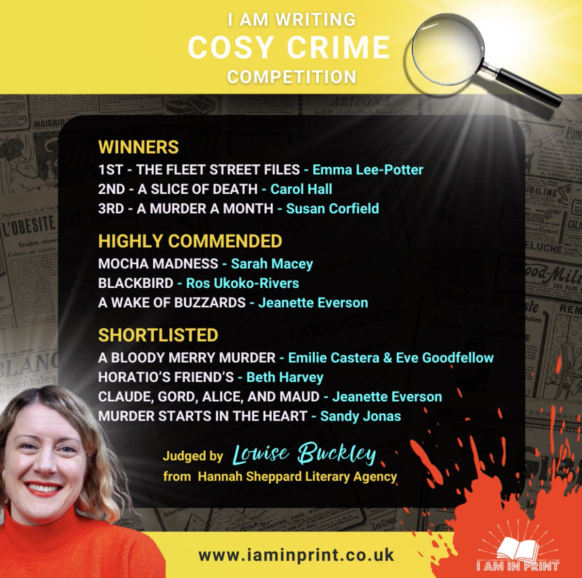 CorfieldWrites's tweet image. Very excited to be place third in the Cosy Crime competition @IAmInPrint @LouiseMBuckley