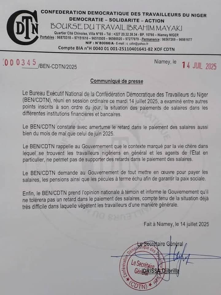 #Niger #Salaires #CDTN
Dans un  communiqué ce mardi, la #Confédération Démocratique des Travailleurs du Niger (#CDTN) a exprimé son inquiétude et interpellé le gouvernement face aux retards dans le paiement des #salaires des mois de mai et juin 2025.