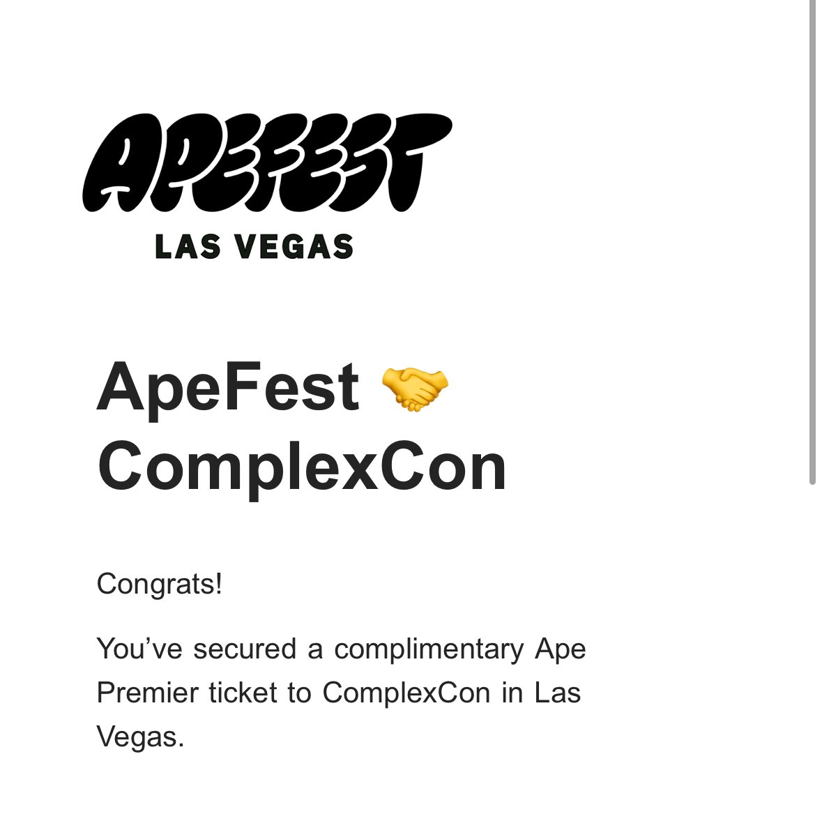 Gm secured a complimentary Apefest x ComplexCon ticket

<a href="/BoredApeYC/">Bored Ape Yacht Club 🍌</a> <a href="/Complex/">Complex</a>