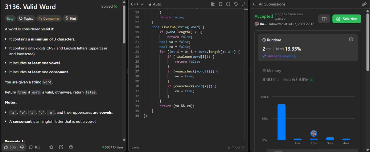 rudransh2302's tweet image. Solved the leetcode daily challenge today learned about strings the new thing i learned today isalnum function was checking manually before then read about this.
#DSA #CodeAndGrow #CodingJourney #2025Goals #leetcode #letsconnect #geeksforgeeks