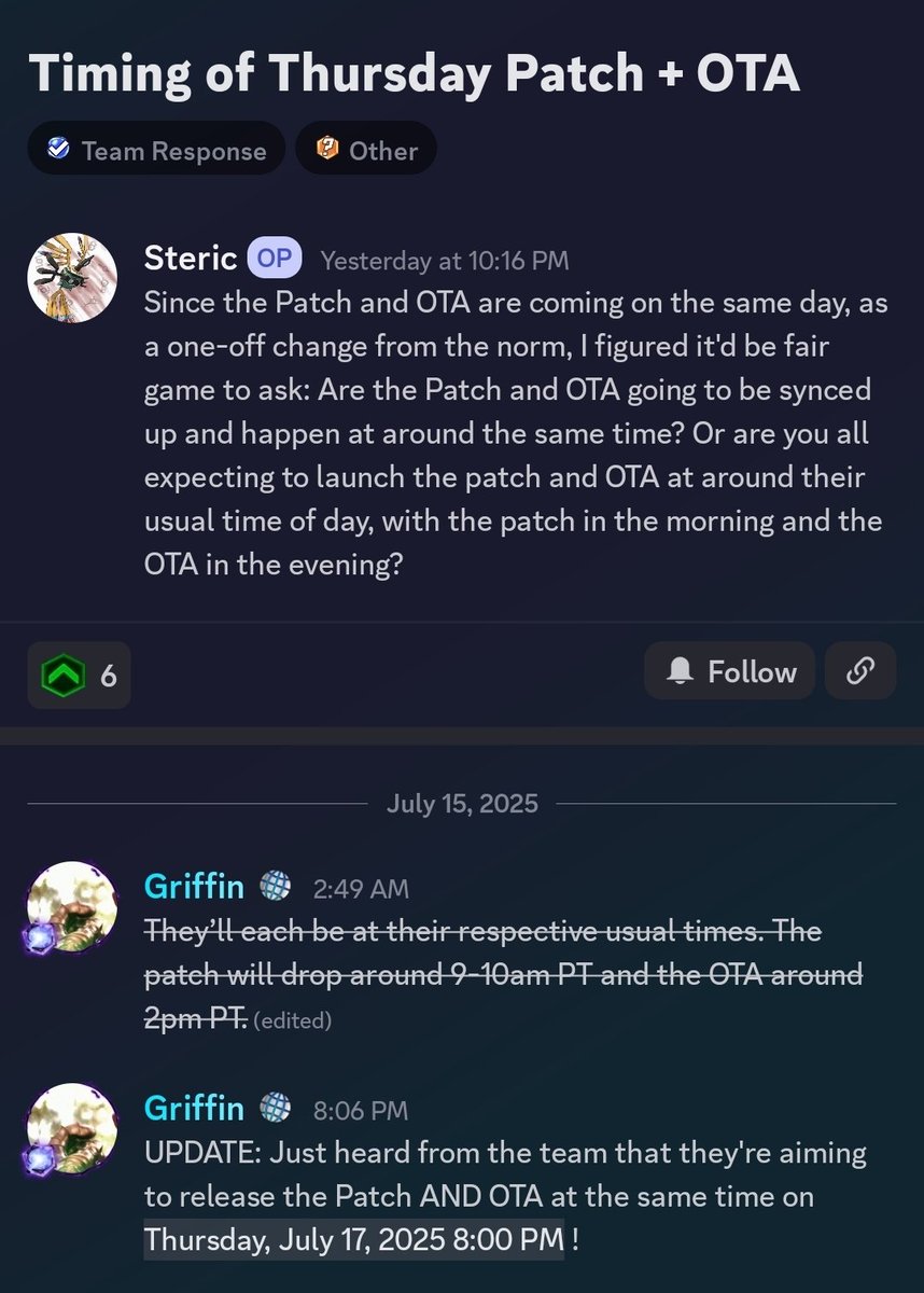 Thursdays patch and OTA are aimed to be released at the same time at 1PM ET