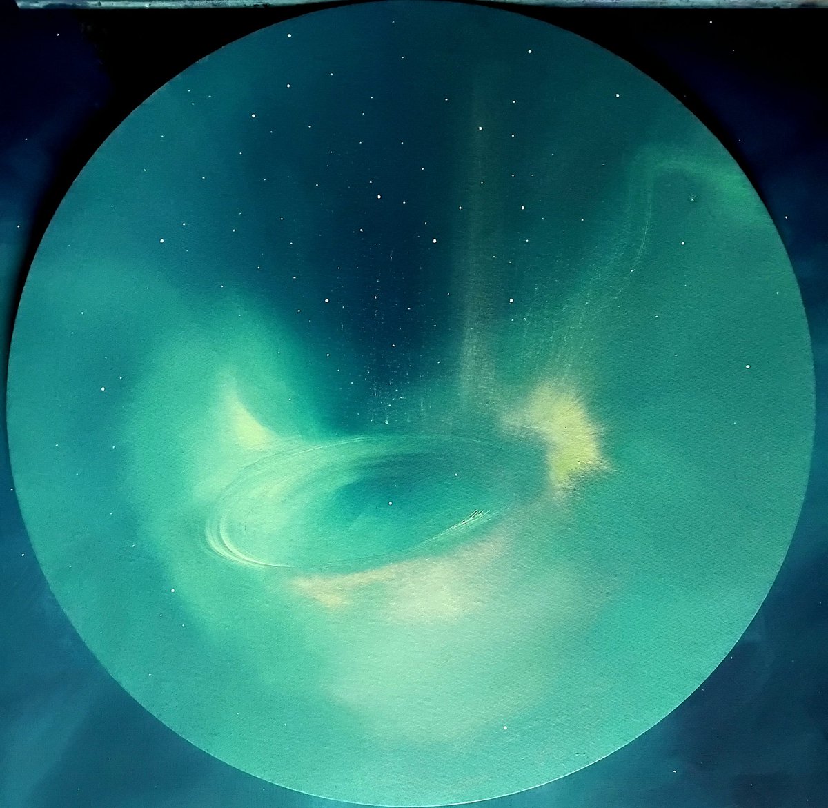 ☆ Prelude to an Intervention ☆ Work in progress  ☆ Oil on round canvas ☆ Nature and the Man Series ☆ #Aurora #halo #nightscaper
#starscaper #escaper #Rocksmoore