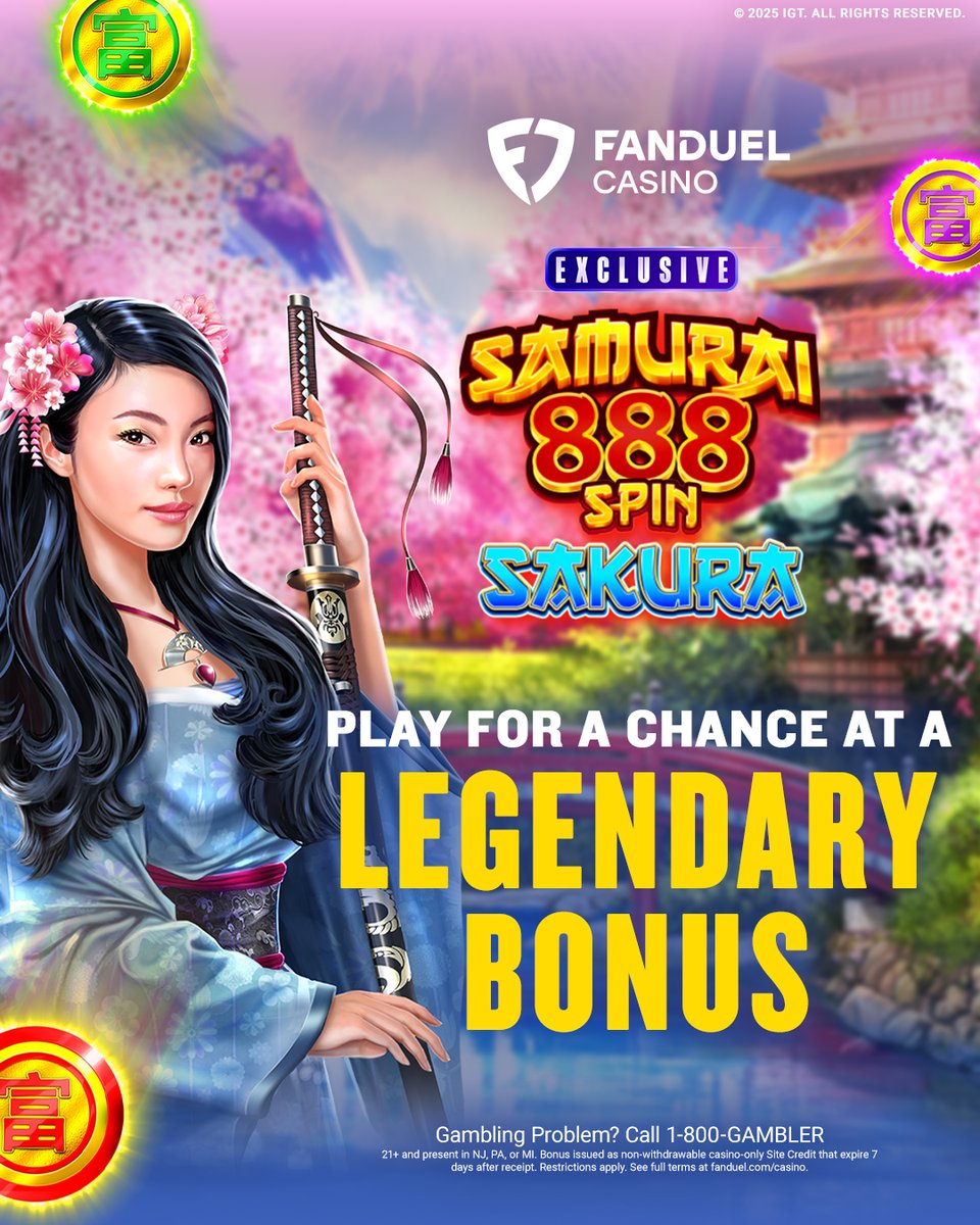 FanDuelCasino's tweet image. Battle With Bonus Spins💰⚔️🌸
Opt in through 7/20 and play the final edition of the Samurai series, Samurai 888 Sakura, for a chance to win Bonus Spins!