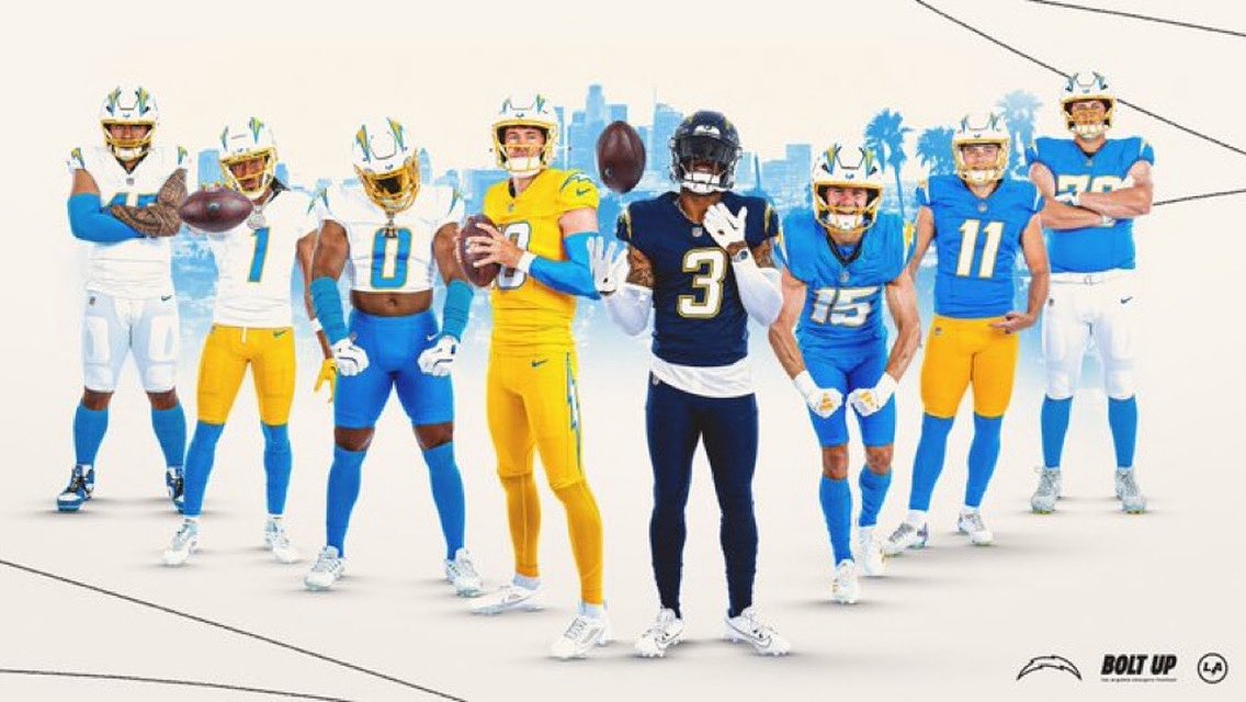 pbattle__'s tweet image. New all-navy, all-yellow, and all-powder blue threads just dropped for the Chargers! That navy set will be paired with a navy lid too! A nod to the past that embraces the already elite elements of their current lineup… Thoughts on these unis for LA? ⚡️