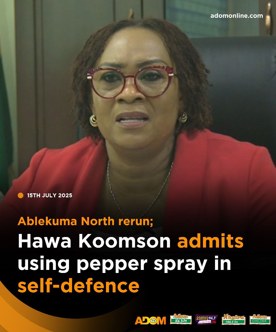 Former Awutu‑Senya East MP, Mavis Hawa Koomson, breaks silence after deploying pepper spray during the tumultuous Ablekuma North parliamentary rerun last Friday, 11 July, stating her actions were a protective measure amid a life-threatening situation.

adomonline.com/hawa-koomson-b…
