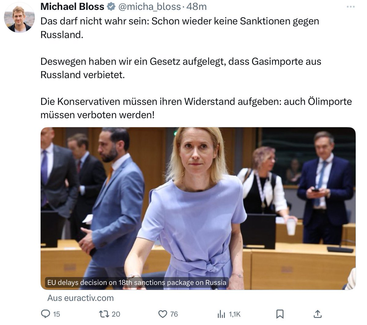 Das Witzige ist ja, dass wir weiterhin russisches Öl kaufen würden. Nur halt über Umwege aus Indien und für das Vielfache des eigentlichen Preises. Mein Take: Linke geilen sich extrem an unbezahlbarer Energie auf und wollen sie noch teurer machen, um sich härter aufzugeilen.