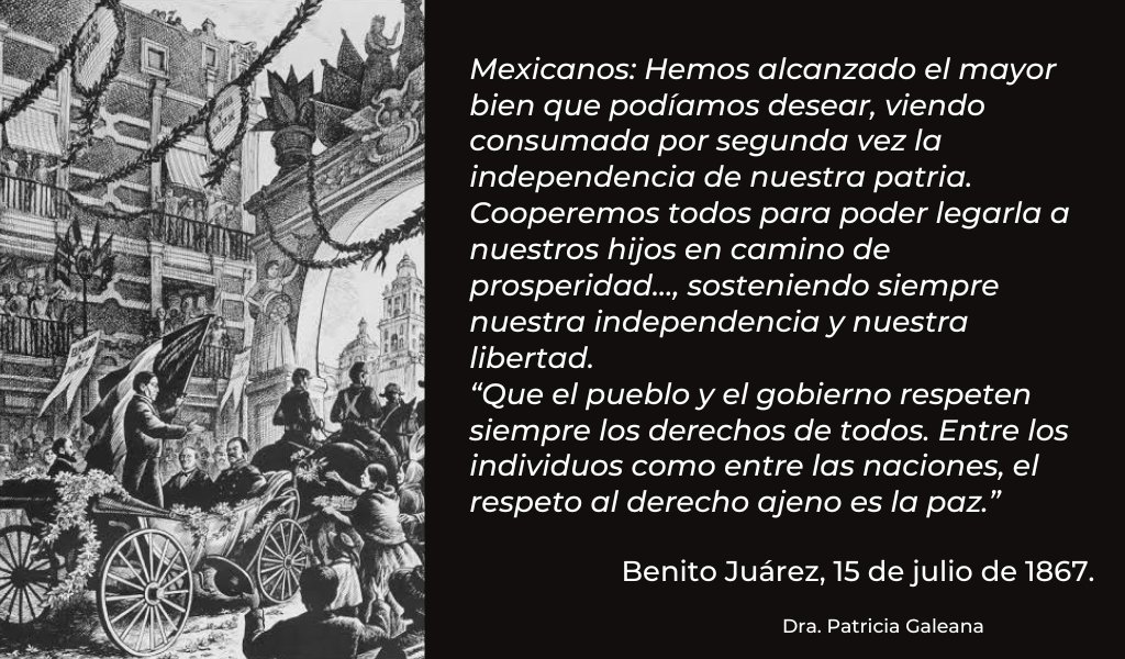Tras el triunfo de la República sobre el Segundo Imperio, #undíacomohoy en 1867, el presidente Benito Juárez entra a la capital de la República, e inicia la reorganización del país​.