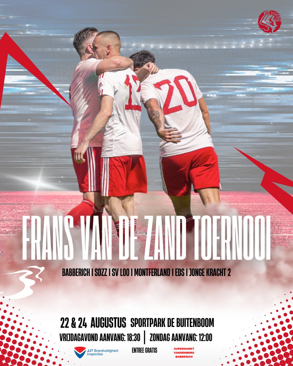 22 en 24 augustus vindt het jaarlijkse Frans van de Zand toernooi plaats op De Buitenboom. Dit jaar doen <a href="/SDZZ_EEN/">SDZZ Zevenaar</a> ,<a href="/svLoovoetbal/">s.v. Loo</a> , <a href="/JongeKrachtNL/">JongeKrachtNL</a> 2, #EDS, #vvMontferland en ons eigen <a href="/SVBABBERICH/">SV BABBERICH</a> mee.
