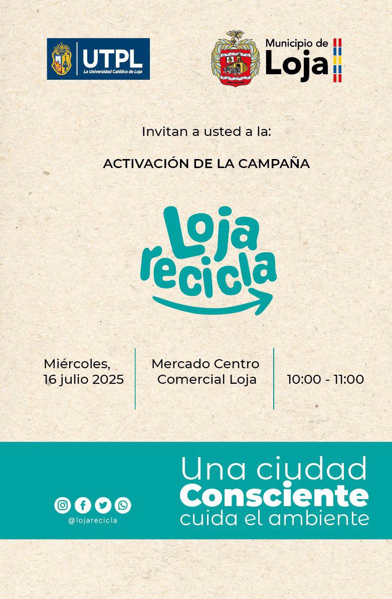 ComUTPL's tweet image. 🌍♻️ ¡Únete a &quot;Loja Recicla&quot;! 
Esta campaña, parte del Reto UTPL,
reúne a profesores y estudiantes en un esfuerzo por promover la conciencia ambiental en nuestra ciudad. 
¡Te esperamos! Síguenos en @lojarecicla. 🗑️💚 
Una ciudad consciente cuida el ambiente.