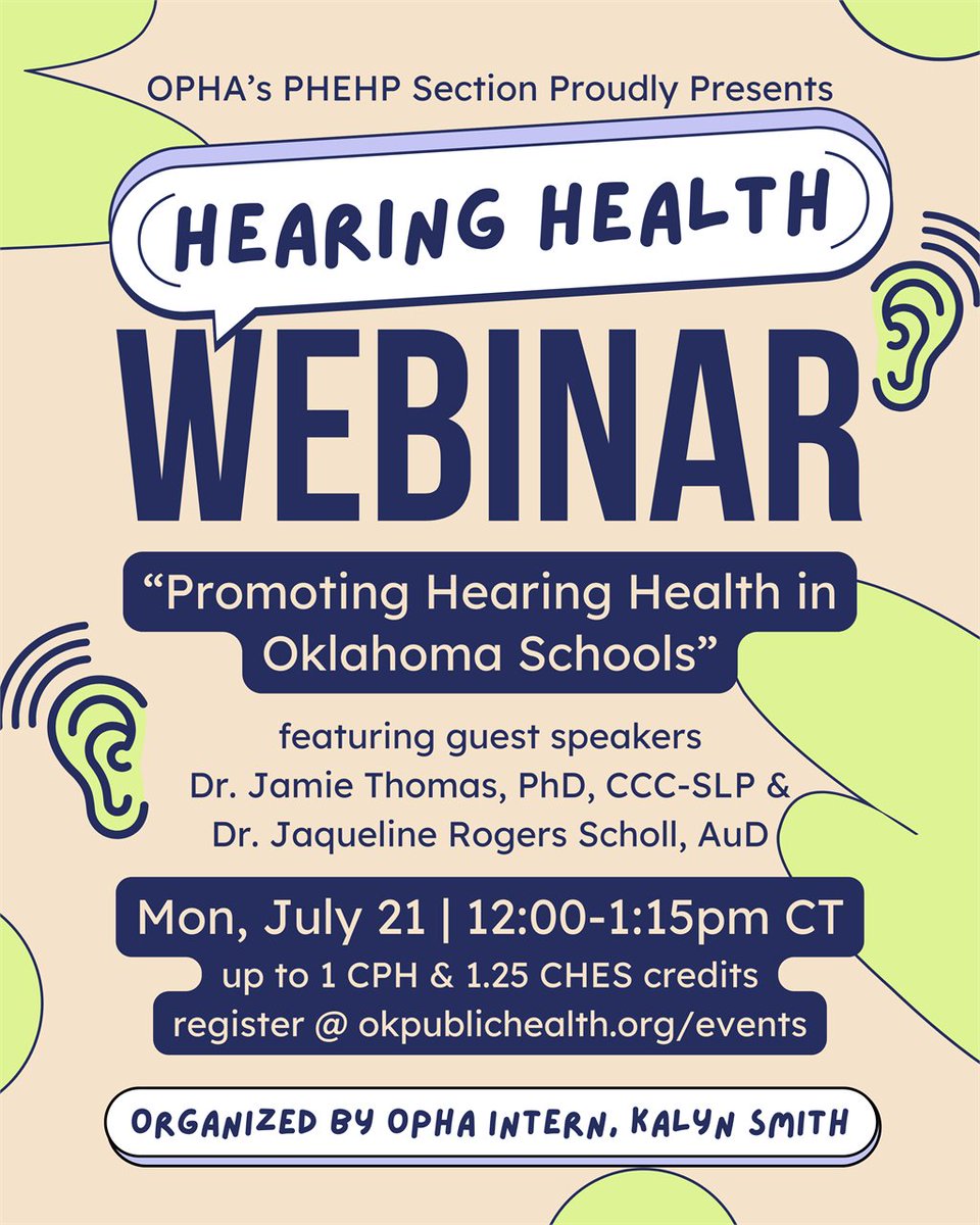 Region6PHTC's tweet image. .@OK_PublicHealth PHEHP&apos;s section presents the &quot;Promoting Hearing Health in Oklahoma Schools&quot;
webinar on Monday, July 21, 2025 from noon until 1:15 p.m. CDT.

For details and registration info, please visit okpublichealth.org/event-6261570