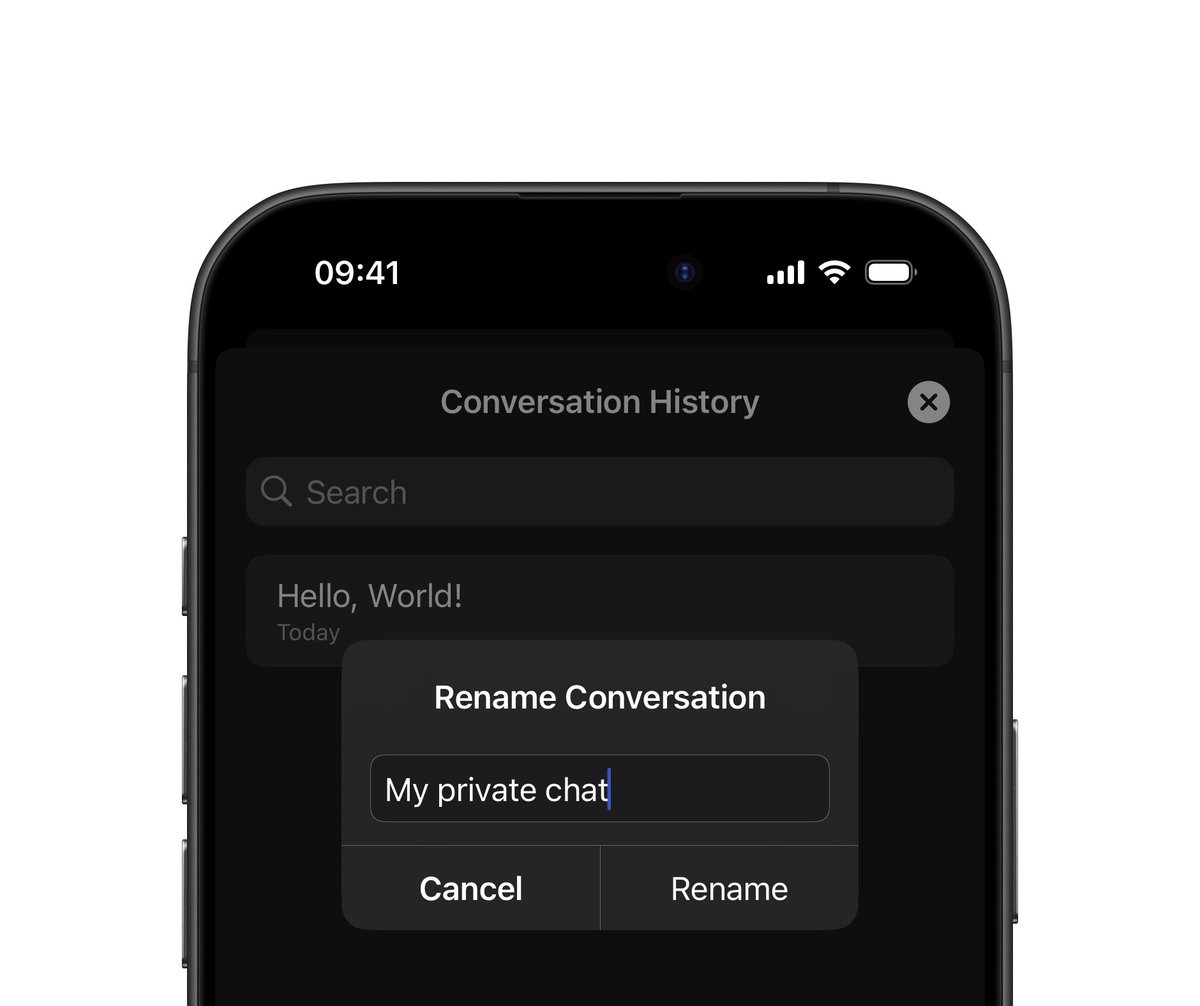 LocallyAIApp's tweet image. A new version is available on the AppStore.
You can now rename your conversations, just swipe to rename 📝