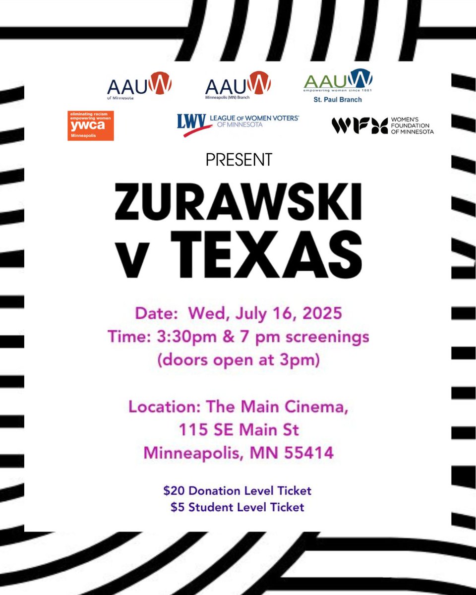 Zurawski v Texas Film (@zurawskivtexas) on Twitter photo Minneapolis, come out and show support for the <a href="/WomensFndnMN/">Women's Foundation of Minnesota</a> at screenings of ZURAWSKI v TEXAS tomorrow, July 16! Q&A with director Abbie Perrault to follow. Register below!
wfmn.org/events/lets-ma… Minneapolis, come out and show support for the <a href="/WomensFndnMN/">Women's Foundation of Minnesota</a> at screenings of ZURAWSKI v TEXAS tomorrow, July 16! Q&A with director Abbie Perrault to follow. Register below!
wfmn.org/events/lets-ma…