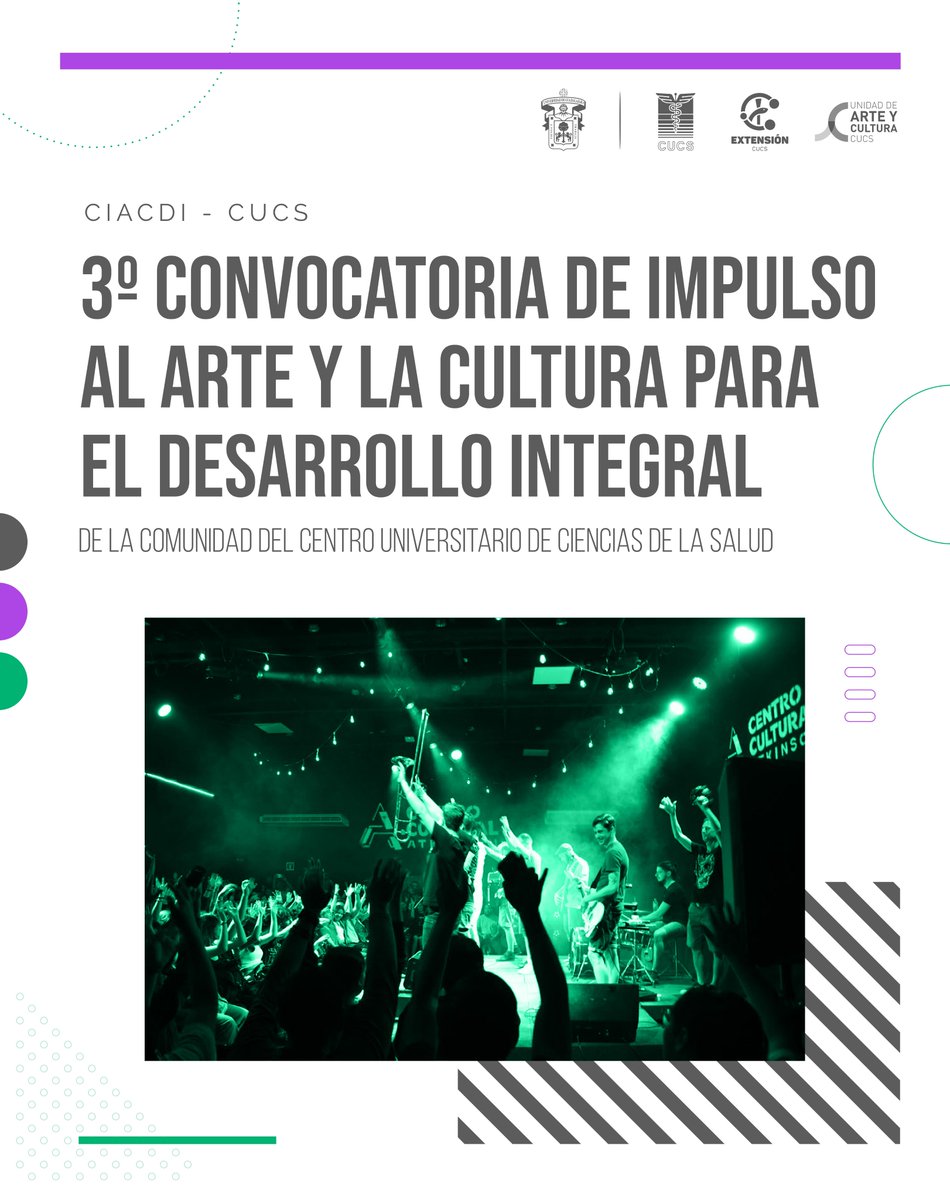 El CUCS abre la 3ª Edición de la Convocatoria de Impulso al Arte y la Cultura para el Desarrollo Integral. 🎨🎤🎭

📅 Recepción de propuestas: hasta el 4 de agosto 2025.
📅 Publicación de resultados: 11 de agosto 2025 

🔗 Consulta la convocatoria: cucs.udg.mx/ciacdi-cucs