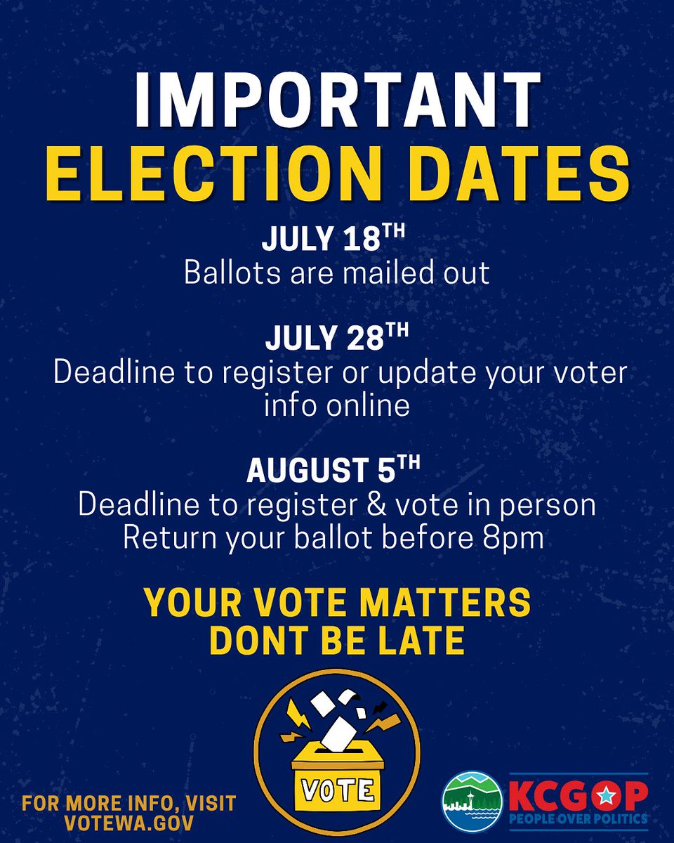 KCGOP's tweet image. Important Primary Election Dates Incoming!🚨
#washingtonstate #kingcounty #republicans #gop #usa #connect #republicanparty #washington #getinvovled #republican #america #americana #grassroots #bethechange #joinus #peopleoverpolitics