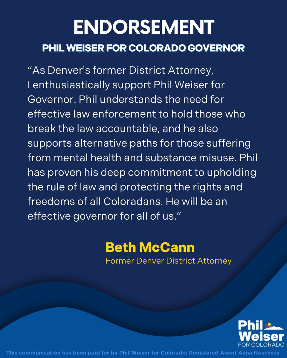 PhilForColorado's tweet image. The first campaign I worked on in Colorado was to elect Beth McCann as the Denver District Attorney. Since then, we have worked together to protect victims, to address gun violence, and fight for justice. It’s an honor to have her on my team.