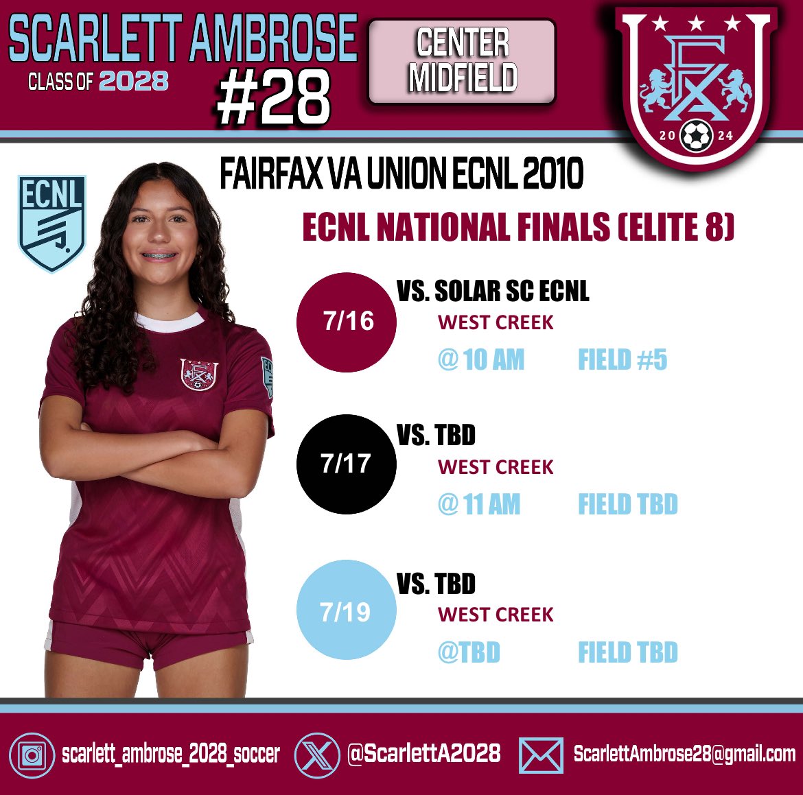 Elite 8! #ecnlfinals Come Watch Me &amp; My Team Compete for the Final Four against Solar SC ECNL! <a href="/TheSoccerWire/">SoccerWire</a> <a href="/TopDrawerSoccer/">TopDrawerSoccer</a> <a href="/PrepSoccer/">Prep Soccer ⚽️</a> <a href="/UnionECNL/">Union ECNL Girls Recruiting</a> <a href="/ffxvaunion/">Fairfax VA Union ECNL</a> <a href="/ecnl2010/">Union 10 ECNL</a> <a href="/ImYouthSoccer/">ECNL/GA/Recruiting/College Soccer</a> <a href="/ECNLMidNorth/">ECNL Mid Atlantic & North Atlantic</a> <a href="/ImCollegeSoccer/">College Soccer Truth ™</a> <a href="/ECNLgirls/">ECNL Girls</a> #ECNL
