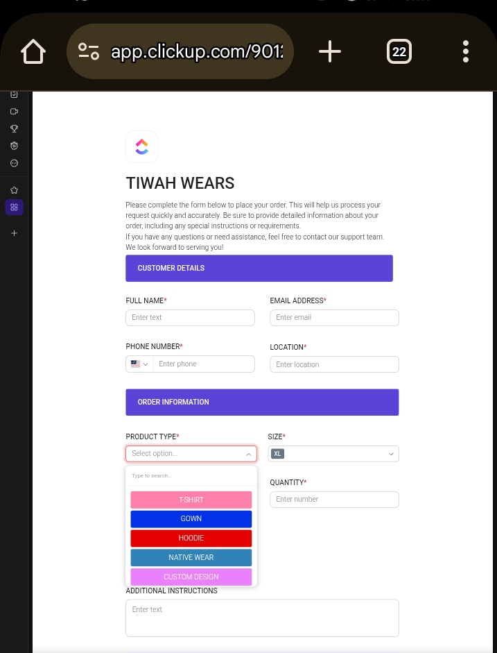ruqayyahib's tweet image. I got tired of organizing tasks with project management tools so I decided to create an Order Form using clickup.com  #Day 15 #buildinpublic #VirtualAssistant