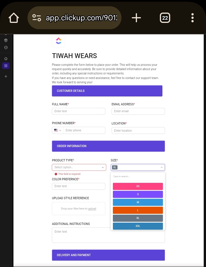 ruqayyahib's tweet image. I got tired of organizing tasks with project management tools so I decided to create an Order Form using clickup.com  #Day 15 #buildinpublic #VirtualAssistant