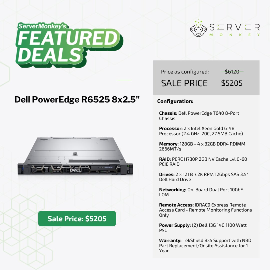 ServerMonkey (@myservermonkey) on Twitter photo New #ServerMonkeyFeaturedDeal: Dell PowerEdge #R6525 at 15% off! Now $5,205! Dual EPYC 7513 CPUs (64 cores total), 128GB RAM, 8 drive bays, PERC H745 with 4GB cache.
🌐: hubs.ly/Q03xkBvN0
👨💻: 1-855-432-8918 |sales@servermonkey.com
#AMDEPYC New #ServerMonkeyFeaturedDeal: Dell PowerEdge #R6525 at 15% off! Now $5,205! Dual EPYC 7513 CPUs (64 cores total), 128GB RAM, 8 drive bays, PERC H745 with 4GB cache.
🌐: hubs.ly/Q03xkBvN0
👨💻: 1-855-432-8918 |sales@servermonkey.com
#AMDEPYC