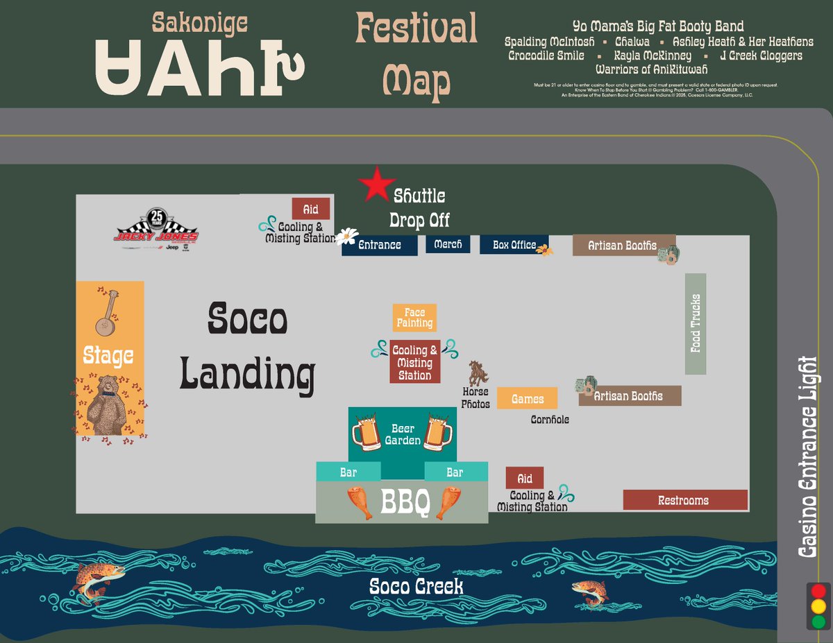 Lost? Never! Unless it’s in the fun. 🗺️ 

Save this Sakonige map and let the good times guide you on July 26 at our outdoor festival. Shuttles will run from the gravel lots and the casino garage to Soco Landing.

p.s. FREE ENTRY

#sakonige2025 #harrahscherokee