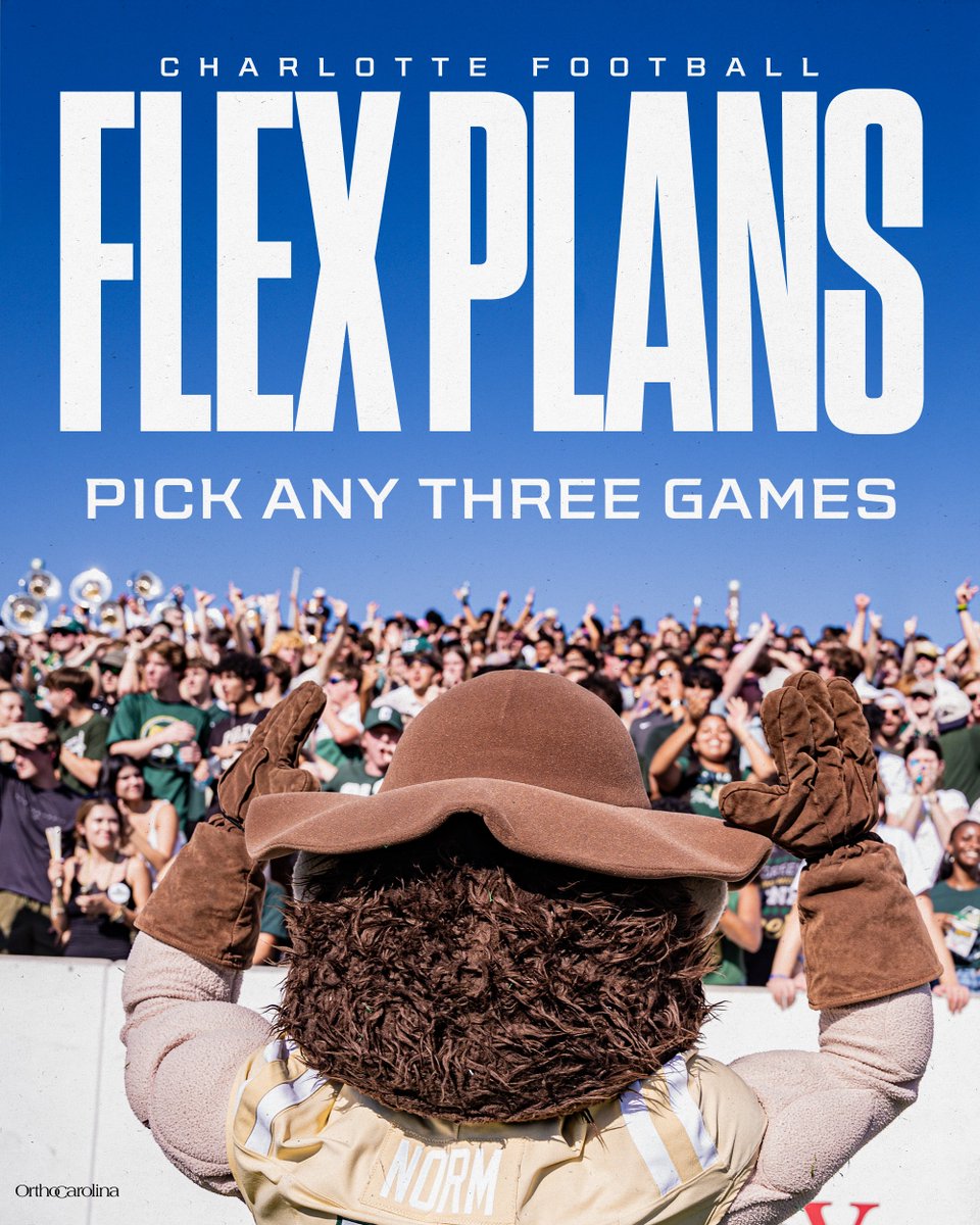 Charlotte49ers's tweet image. 💪🏽Flex your fandom!
Pick ANY 3 @CharlotteFTBL games and build your own season lineup
It’s the 𝗢𝗡𝗟𝗬 way to lock in your seat for the North Carolina game! 👀🔥
Norm’s already locked in. Are you?
🎟️» clt49e.rs/FBTix
#GoldStandard⛏️