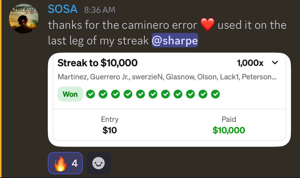 One of our members cashed their Underdog streak for $10,000 yesterday thanks to the Caminero error.

Stop sleeping and join the winning team 💎