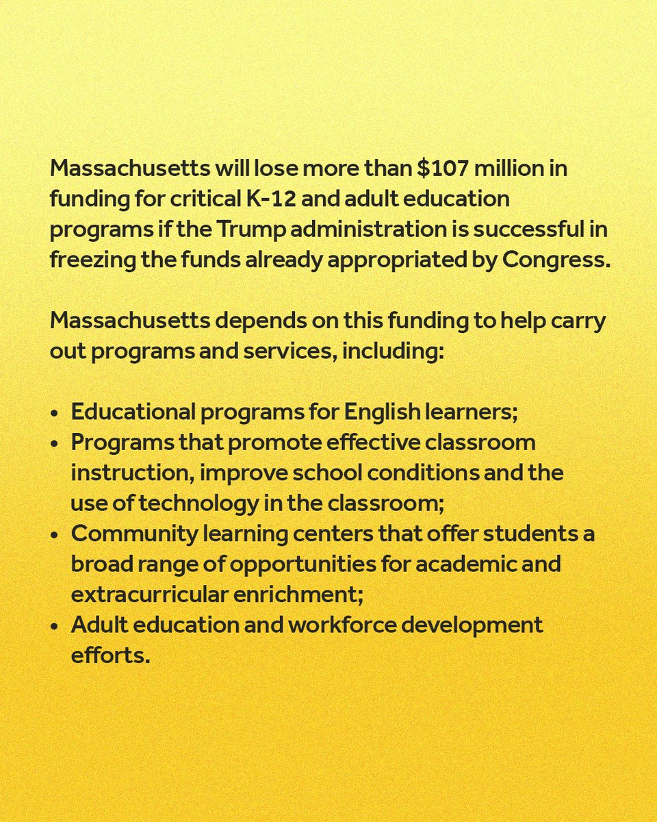 MassAGO's tweet image. The Trump administration continues its push to undermine our educational system – this time by freezing funding that enriches students’ lives beyond the classroom.
We’re suing to unfreeze these critical resources in time for the new school year.