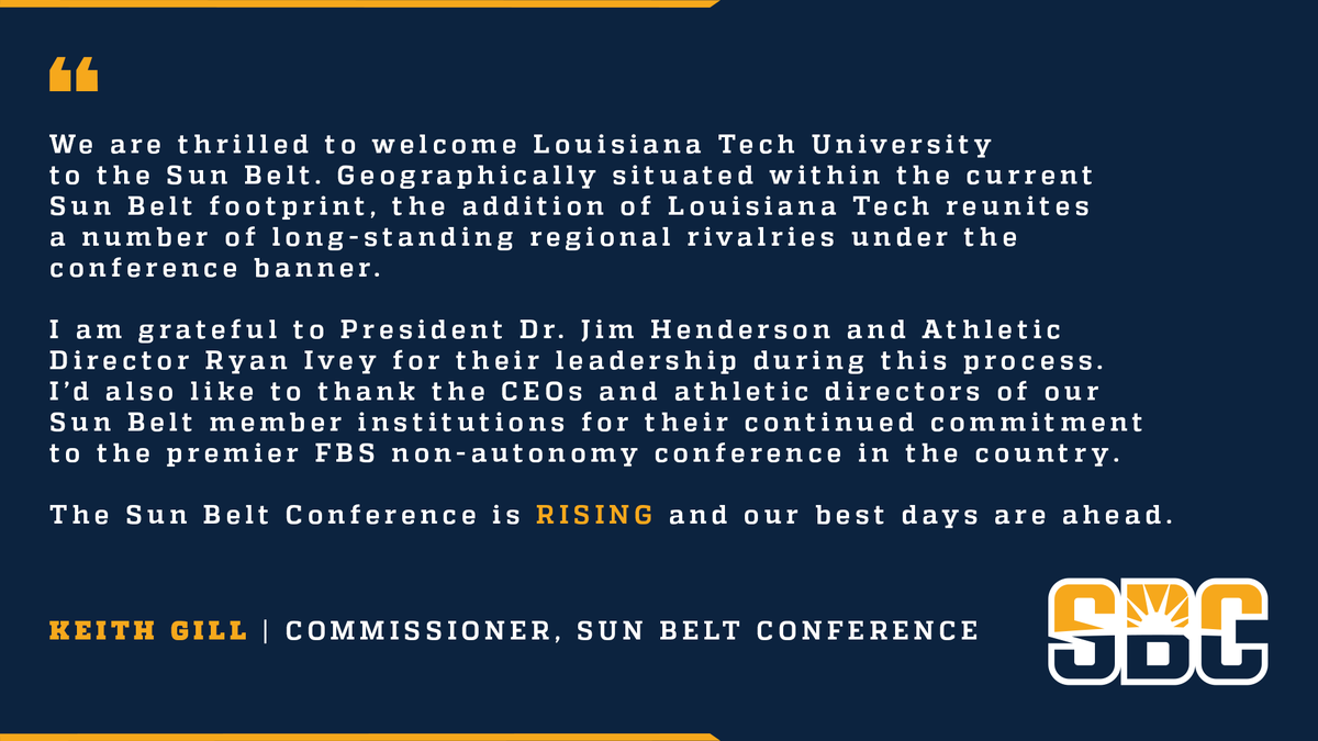 Sun Belt (@sunbelt) on Twitter photo ๐ฅ๐๐ฉ๐๐๐ฅ๐๐๐ฆ ๐ฅ๐๐ก๐๐ช๐๐.
With the addition of <a href="/LATechSports/">LA Tech Sports</a>, the Sun Belt reunites a number of long-standing regional rivalries under the conference banner. โ๏ธ
๐ฐ ยป sunbelt.me/40Wy0CC ๐ฅ๐๐ฉ๐๐๐ฅ๐๐๐ฆ ๐ฅ๐๐ก๐๐ช๐๐.
With the addition of <a href="/LATechSports/">LA Tech Sports</a>, the Sun Belt reunites a number of long-standing regional rivalries under the conference banner. โ๏ธ
๐ฐ ยป sunbelt.me/40Wy0CC