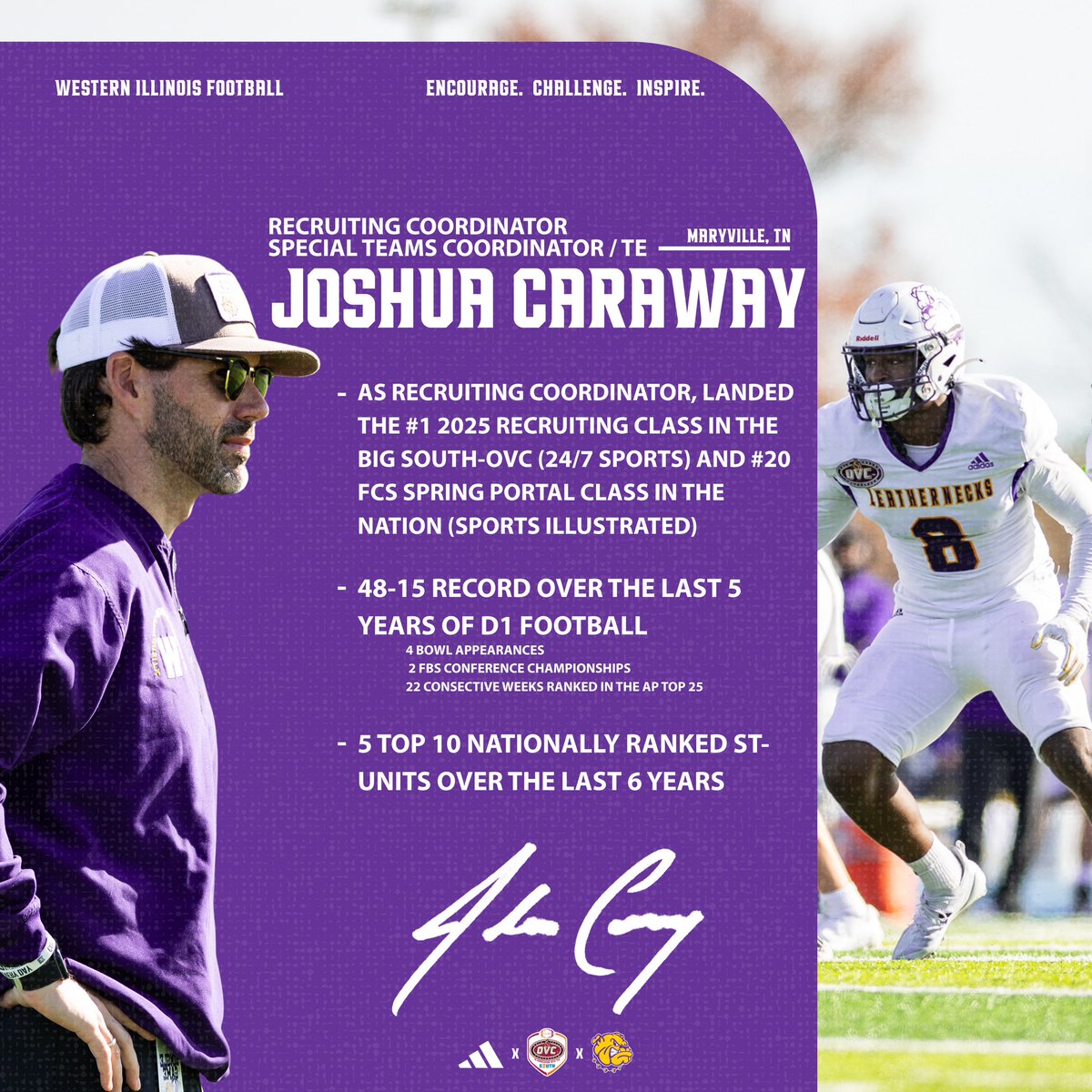 WIUFootball's tweet image. 🟣🟡Meet the Staff🟣🟡

Big Kicks🏃‍♂️ Big Blocks❌ Big Plays⭐️

Let’s welcome Coach Joshua Caraway as he enters his 2nd season with Western Illinois Football!

#GoNecks | #OneGoal | #ECI