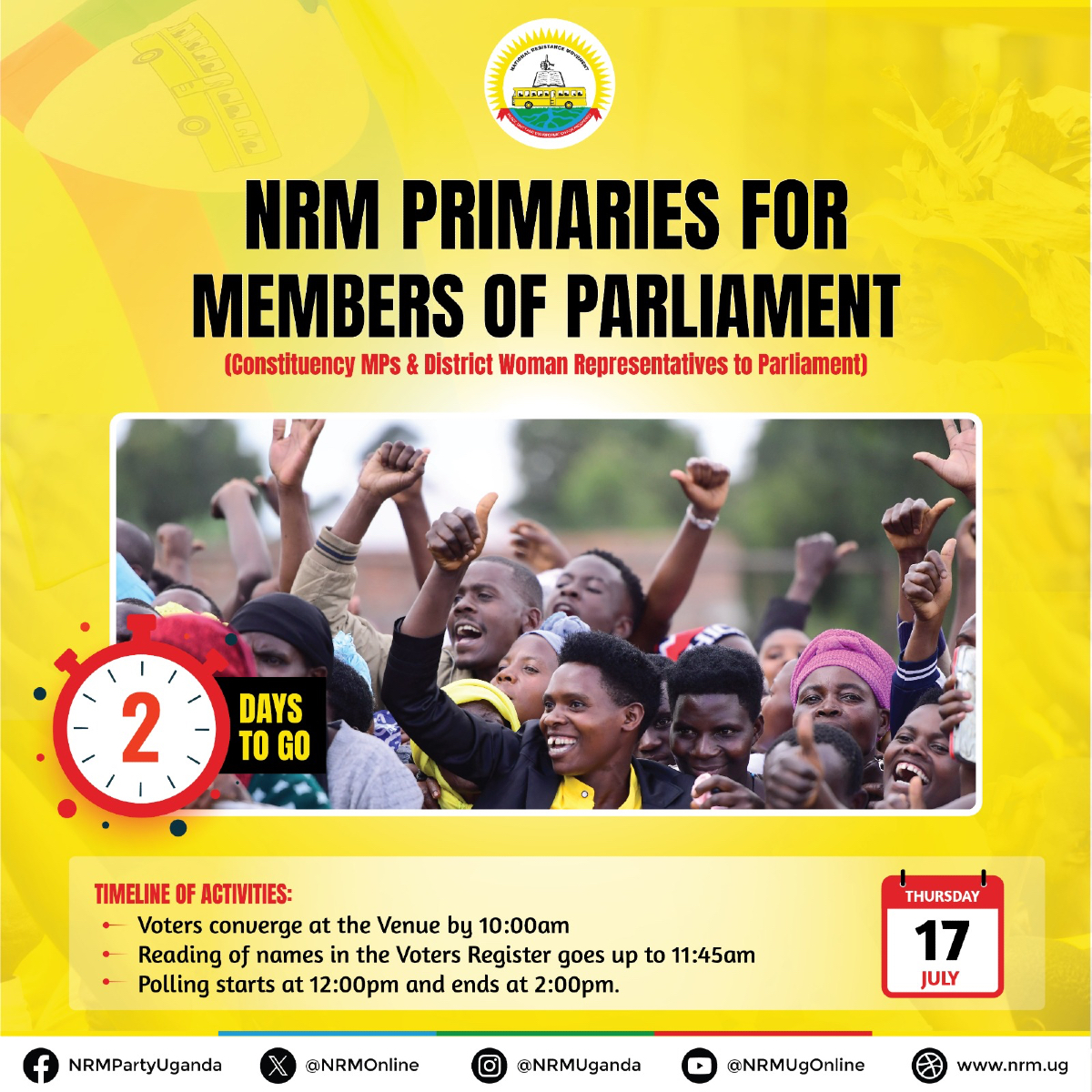 gracemarymugasa's tweet image. Fellow NRM members, I wish to remind you that our party’s primary elections for Members of Parliament will take place this Thursday, 17th July, across all villages in the country.
Let us prepare and participate peacefully, guided by the electoral guidelines issued by our party.…