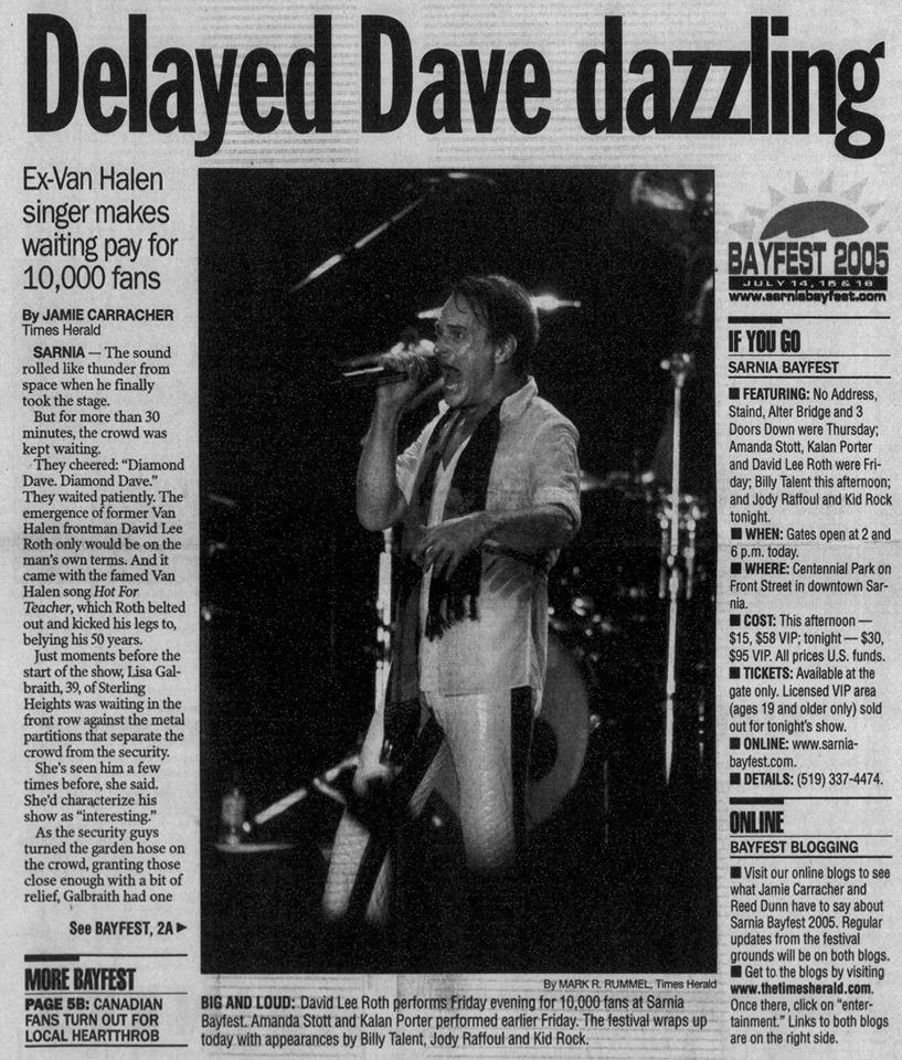 VH_History's tweet image. This Day in VH 7/15/2005: @DavidLeeRoth plays Bayfest in Centennial Park in Sarnia, Ontario, Canada.