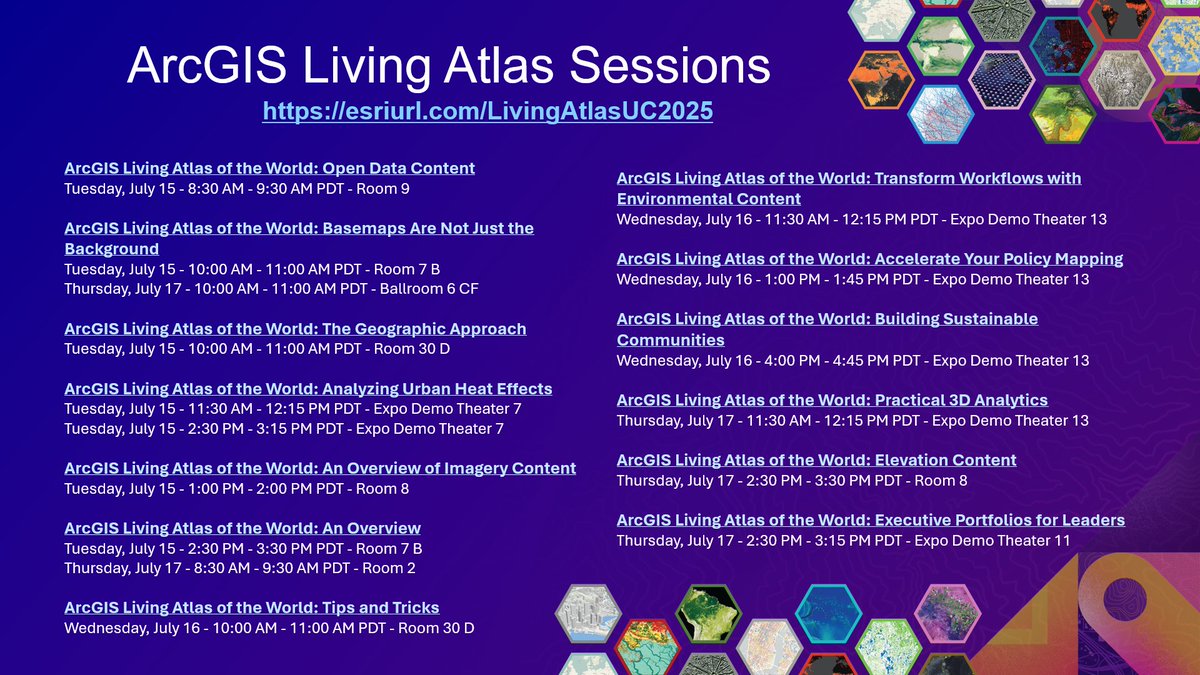 It's not to late to add #ArcGISLivingAtlas sessions to your #EsriUC2025 agenda! Learn more about imagery, basemaps, policy, live feeds, environmental content, and so much more. 

For all Living Atlas sessions at UC, visit this custom agenda: esriurl.com/LivingAtlasUC2…