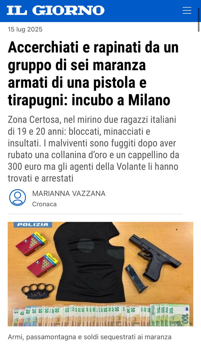 Milano, due ragazzi italiani sono stati accerchiati, minacciati con una pistola (che poi si è scoperto essere una scacciacani) e rapinati da 6 egiziani tra i 18 e i 20 anni, uno con cittadinanza italiana: nel branco, anche un 16enne egiziano senza documenti.
