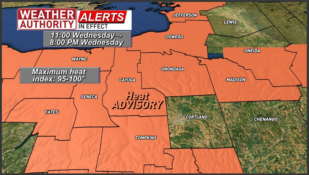 A Heat Advisory has been issued for Wednesday.  Expect even higher maximum heat index values of 95-100° in the shade &amp; on lawns during this period. It will feel even hotter in the sun &amp; on pavement.

Stay hydrated, take frequent breaks, keep pets indoors, check in on elderly!