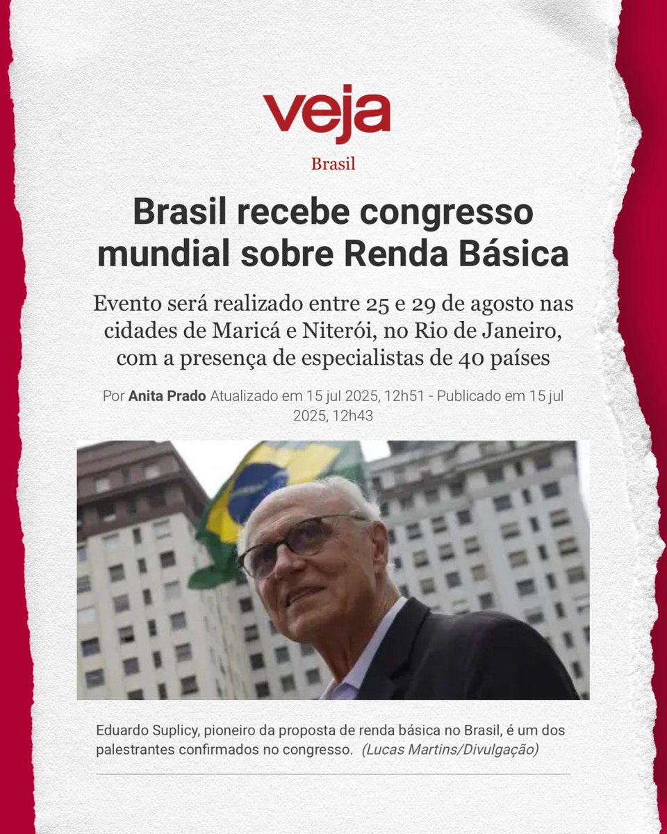 Agradeço a revista <a href="/VEJA/">VEJA</a> pelo destaque a um dos mais importantes eventos mundiais da Renda Básica, que esse ano será no Brasil. O 24° Congresso Internacional da Renda Básica e da Moeda Social, será em agosto, entre os dias 25 e 29, nas belas cidades de Niterói e Maricá +