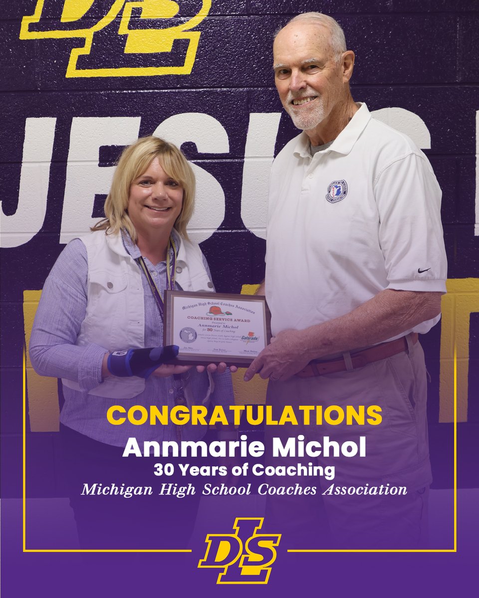 Congratulations to Assistant Principal and Tennis Coach Mrs. Annmarie Michol, who was recognized for 30 years of Coaching by the Michigan High School Coaches Association (MHSCA). The service award was presented by MHSCA Hall of Fame Member and former DLS coach and Athletic