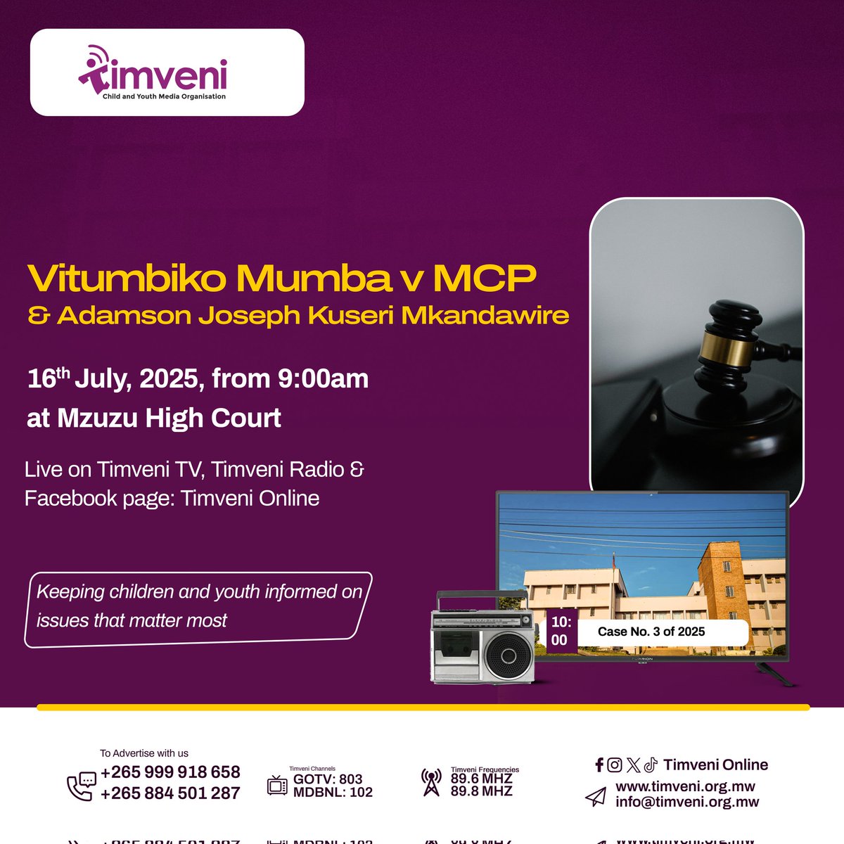 Once again, Timveni brings you live coverage of the judgment delivery in the case of Vitumbiko Mumba vs MCP and Adamson Joseph Kuseri Mkandawire.
#livecoverage #courtcase #TimveniOnline