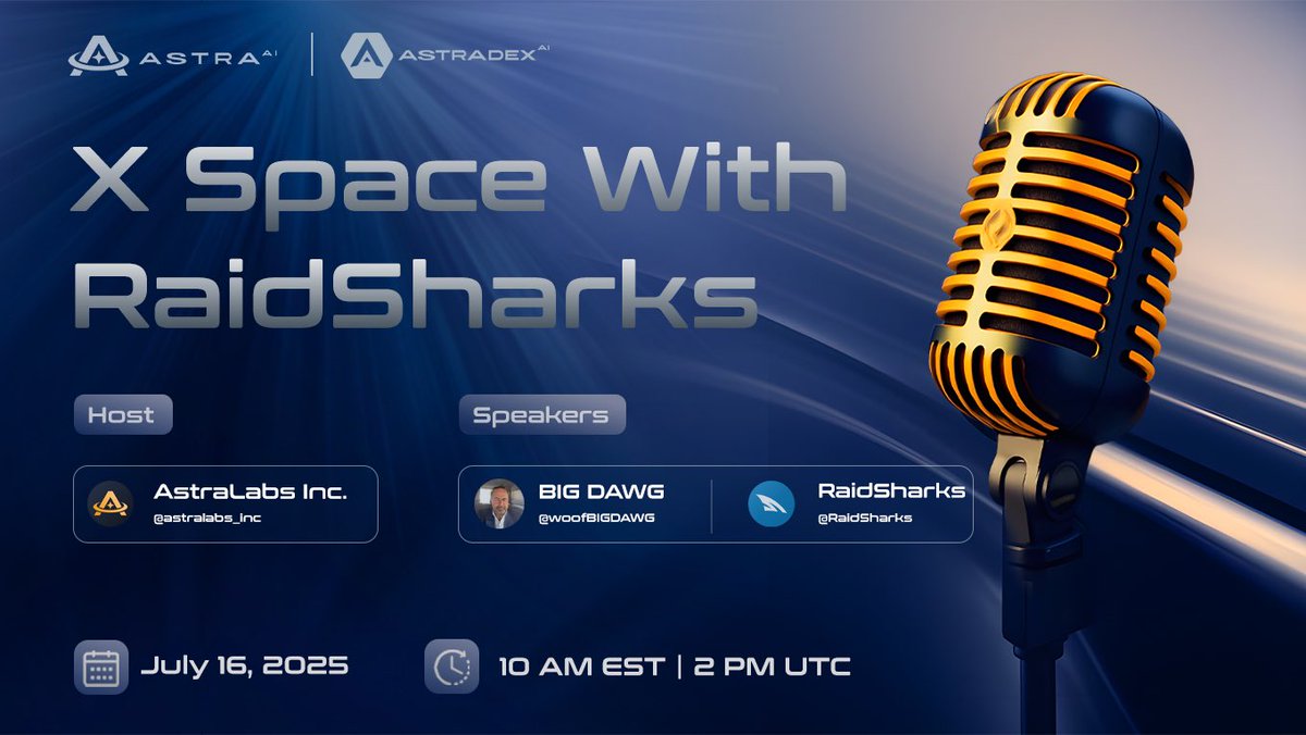 AstraLabs_Inc's tweet image. 🎙Join us for an exciting X  Space With @RaidSharks🎙

Topic: $SHARX - Building Real Community Engagement
Date: 16 July -  10 AM EDT | 2 PM UTC 
Link: 

Join us for a deep-dive discussion with @woofBIGDAWG and @RaidSharks.

Per Aspera Ad $ASTRA ✨ $ADEX…