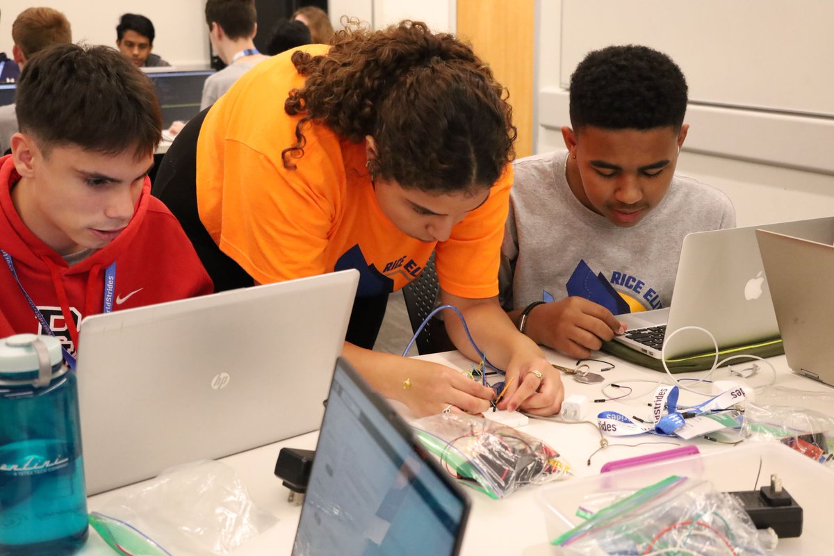 RCELConnect's tweet image. They're easy to spot with their distinct bright orange shirts as they teach in the classrooms, guide campers across campus, and mentor high school students through various activities. We are proud of our ELITE 2025 Live Instructors! #riceELITEtech #whyRCEL