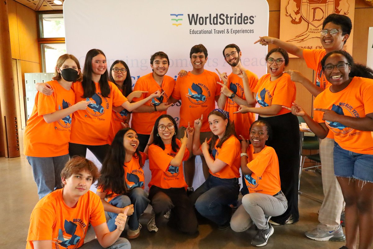 RCELConnect's tweet image. They're easy to spot with their distinct bright orange shirts as they teach in the classrooms, guide campers across campus, and mentor high school students through various activities. We are proud of our ELITE 2025 Live Instructors! #riceELITEtech #whyRCEL