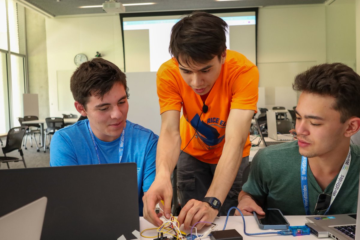 RCELConnect's tweet image. They're easy to spot with their distinct bright orange shirts as they teach in the classrooms, guide campers across campus, and mentor high school students through various activities. We are proud of our ELITE 2025 Live Instructors! #riceELITEtech #whyRCEL