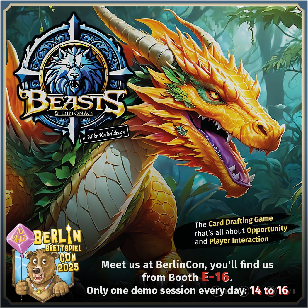 Dragon Dawn Productions (@dragondawnprod) on Twitter photo See how our latest card drafting game Beasts and Diplomacy works.
Meet us at BerlinCon @ E-16! Only one demo session daily: 14:00 to 16:00. See you soon! <a href="/berlin_con/">Berlin Brettspiel Con</a> #boardgames See how our latest card drafting game Beasts and Diplomacy works.
Meet us at BerlinCon @ E-16! Only one demo session daily: 14:00 to 16:00. See you soon! <a href="/berlin_con/">Berlin Brettspiel Con</a> #boardgames