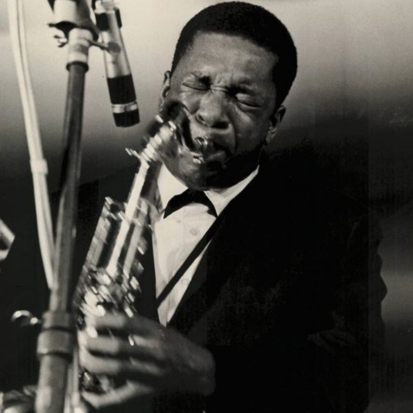 John Coltrane on stage in Antibes, France, 1965. Photograph by Jean-Pierre Leloir.