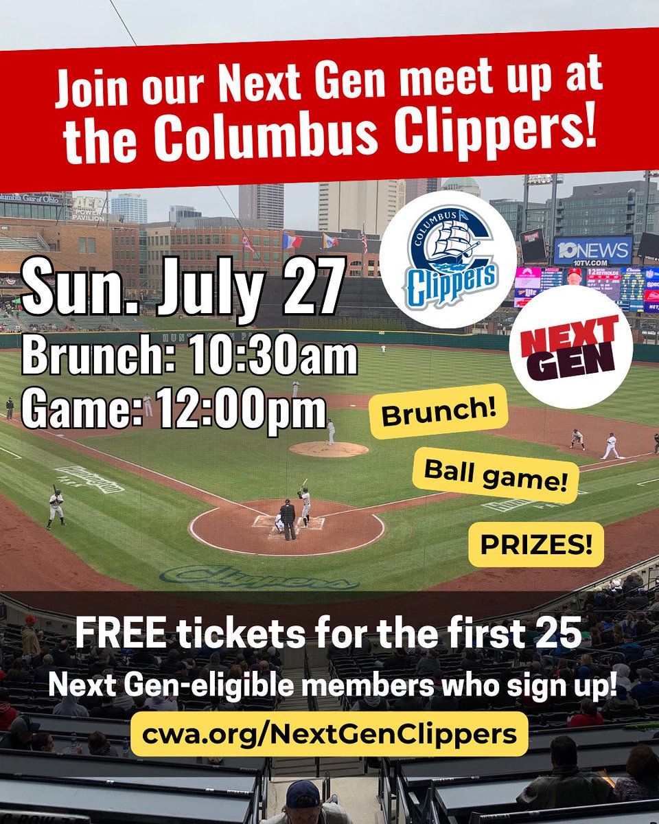 CWANextGen's tweet image. CWA Next Gen is heading out to the ballgame along with Columbus labor on Sunday, July 27! Join us for an afternoon of fun and solidarity.
Get tickets and learn more: cwa.org/NextGenClippers