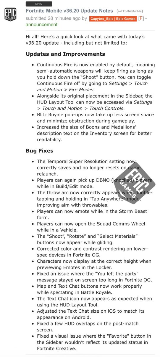 FNMNews's tweet image. V36.20 Fortnite Mobile Patch Notes