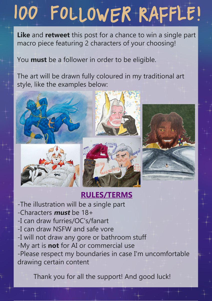 FathachAerach's tweet photo. 100 follower raffle celebration! 🎉

to celebrate 100 followers, i'm doing a raffle! to enter, simply like and retweet this post, and make sure you're following me! i'll then pick a winner in about 24hrs!

please see the attached image for additional terms https://t.co/Gx7akNUg5r