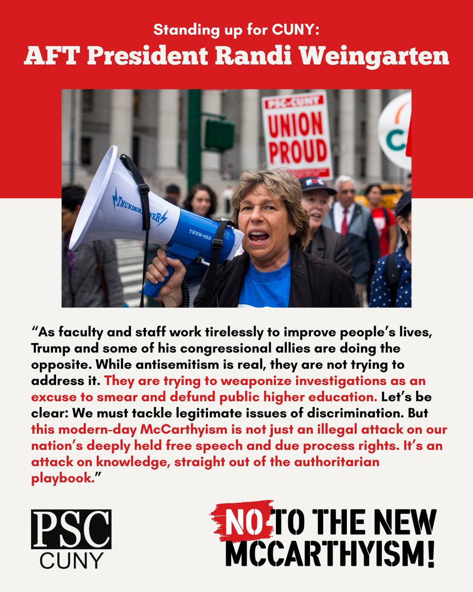 PSC_CUNY's tweet image. "They are trying to weaponize investigations as an excuse to smear and defund public higher education." - @AFT President Randi Weingarten #HandsOffHigherEd @AAUP @NYSUT @UCAFT1966 @CUNYRising