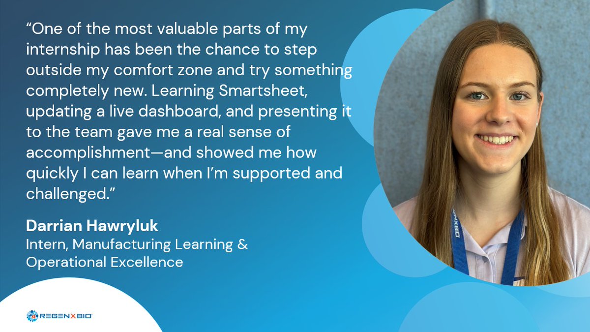 REGENXBIO's tweet image. Meet Darrian, one of our interns! This summer, she has been making an impact on the Manufacturing Learning & Operational Excellence team by trying new tools and contributing to key projects. In her free time, she enjoys movies and dancing - a fun way to stay active and creative!