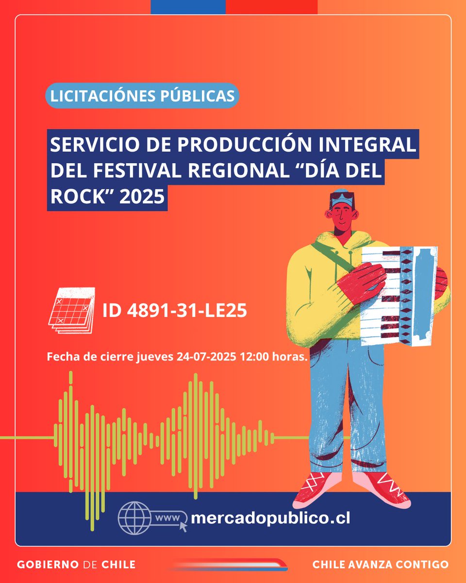 🚨LICITACIÓN PÚBLICA
Servicios de Producción integral del festival regional “DÍA DEL ROCK” 2025
🆔 4891-31-LE25
📢 Fecha de cierre jueves 24-07-2025 12 horas.
Monto Total estimado $10.000.000
📌 Toda la información en mercadopublico.cl